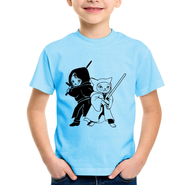 Camiseta Infantil Gatos Jedi - Azul Bebê