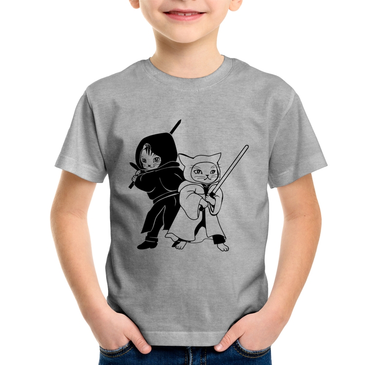 Camiseta Infantil Gatos Jedi - Cinza