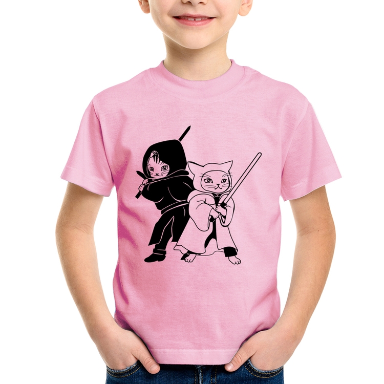 Camiseta Infantil Gatos Jedi - Rosa Bebê