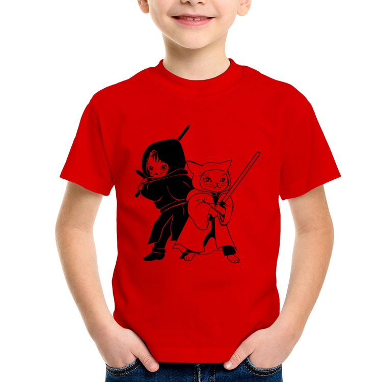 Camiseta Infantil Gatos Jedi - Vermelha