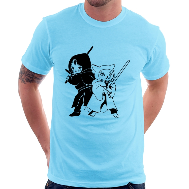 Camiseta Gatos Jedi - Azul Bebê