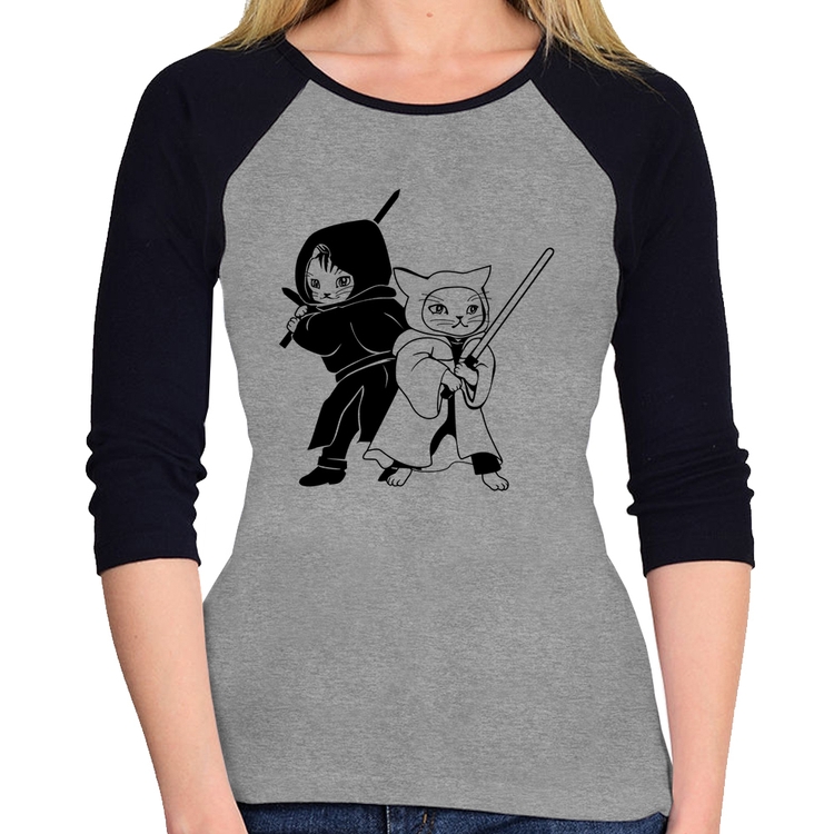 Baby Look Raglan Gatos Jedi Manga 3/4 - Cinza/Preto