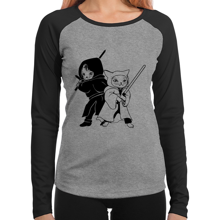 Baby Look Raglan Gatos Jedi Manga Longa - Cinza/Preto
