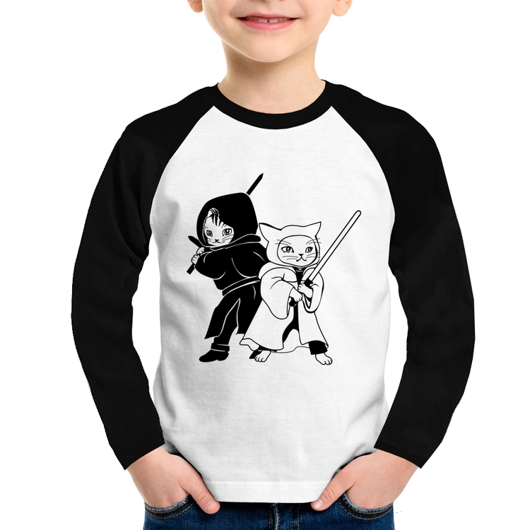 Camiseta Raglan Infantil Gatos Jedi Manga Longa