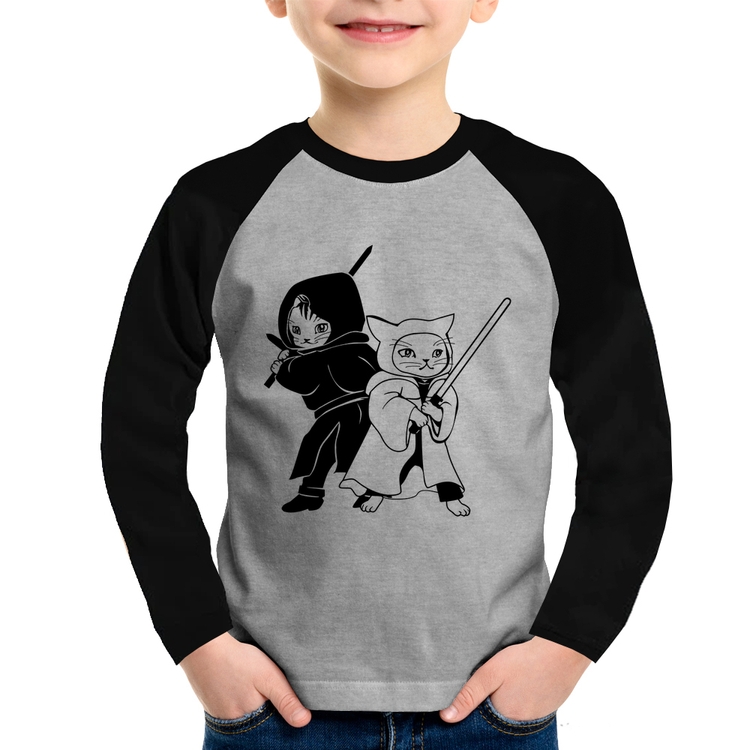 Camiseta Raglan Infantil Gatos Jedi Manga Longa - Cinza/Preto