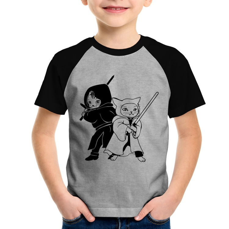 Camiseta Raglan Infantil Gatos Jedi - Cinza/Preto