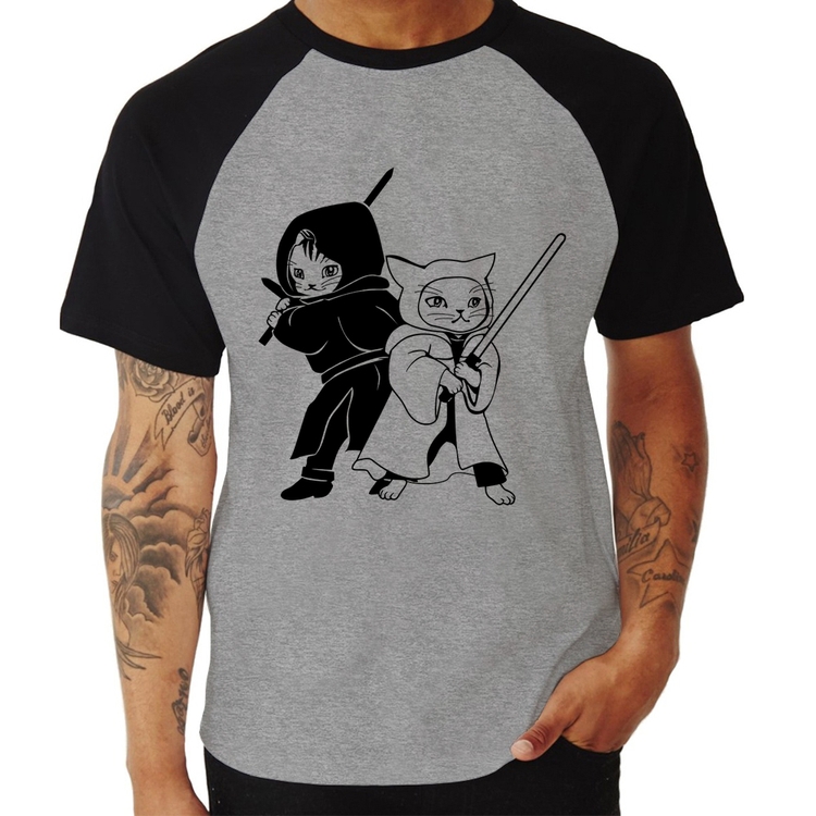 Camiseta Raglan Gatos Jedi - Cinza/Preto