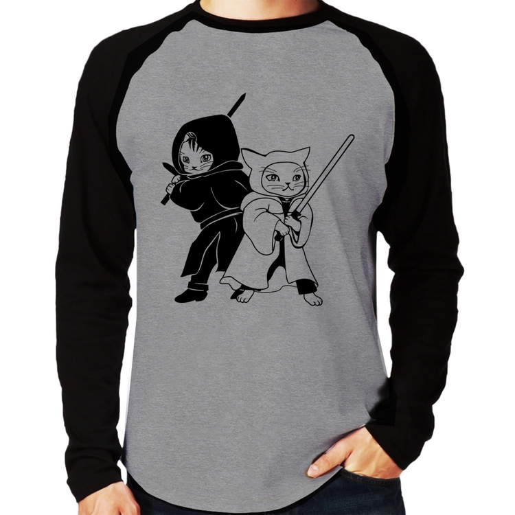 Camiseta Raglan Gatos Jedi Manga Longa - Cinza/Preto