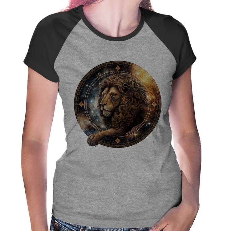 Baby Look Raglan Leão Sígno - Cinza/Preto