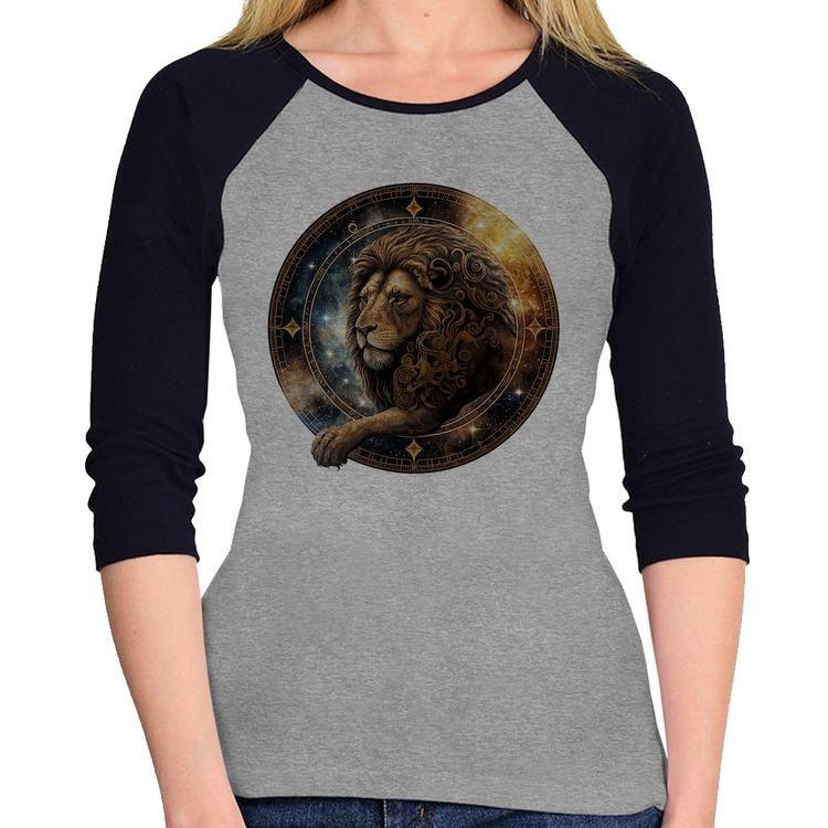 Baby Look Raglan Leão Sígno Manga 3/4 - Cinza/Preto