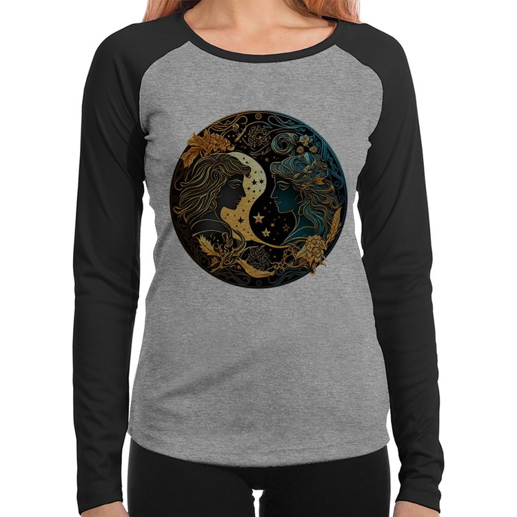 Baby Look Raglan Gêmeos Sígno Manga Longa - Cinza/Preto