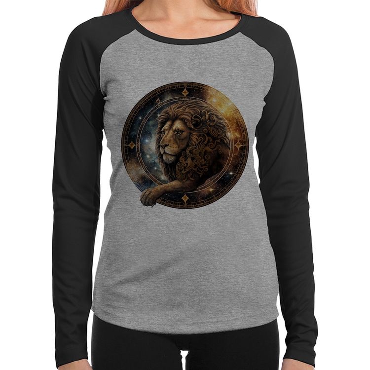 Baby Look Raglan Leão Sígno Manga Longa - Cinza/Preto