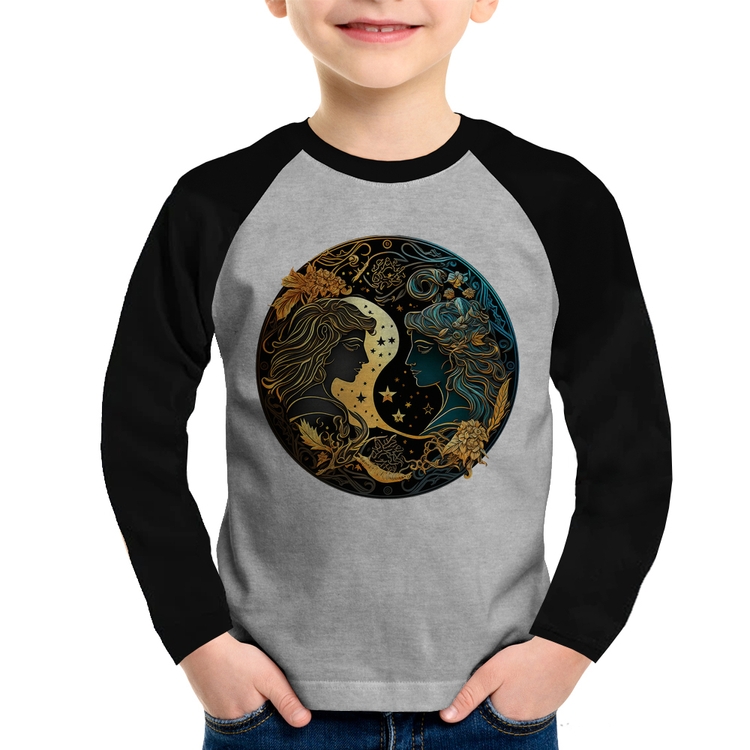 Camiseta Raglan Infantil Gêmeos Sígno Manga Longa - Cinza/Preto