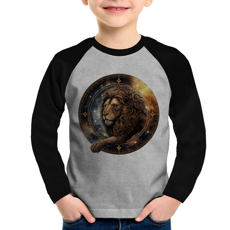 Camiseta Raglan Infantil Leão Sígno Manga Longa - Cinza/Preto