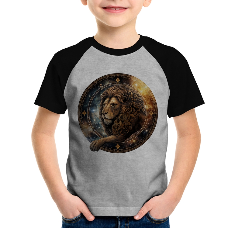 Camiseta Raglan Infantil Leão Sígno - Cinza/Preto