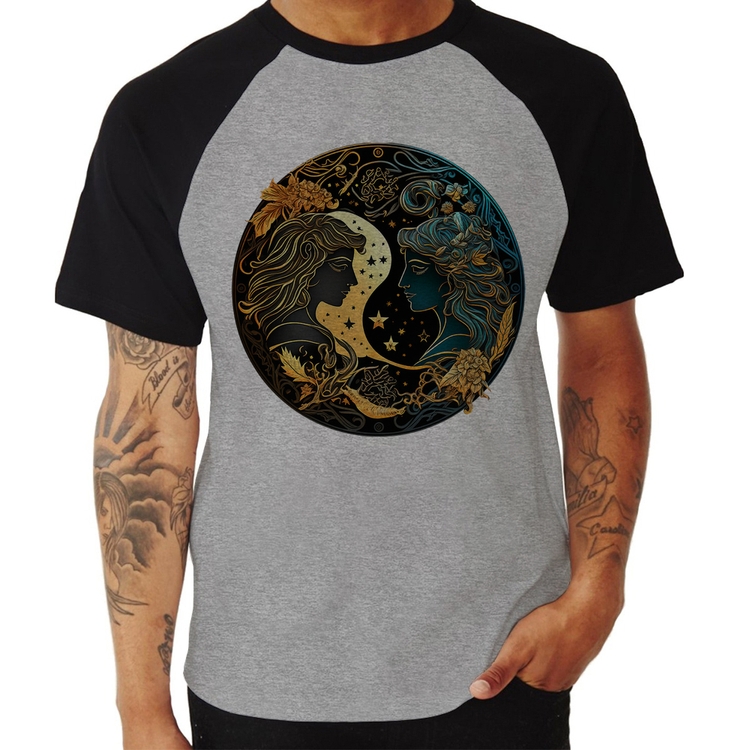 Camiseta Raglan Gêmeos Sígno - Cinza/Preto