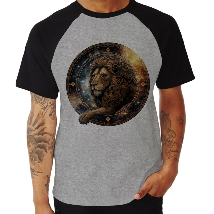 Camiseta Raglan Leão Sígno - Cinza/Preto