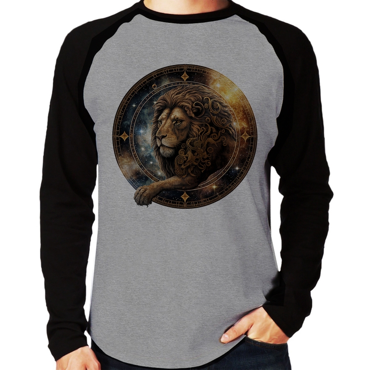 Camiseta Raglan Leão Sígno Manga Longa - Cinza/Preto