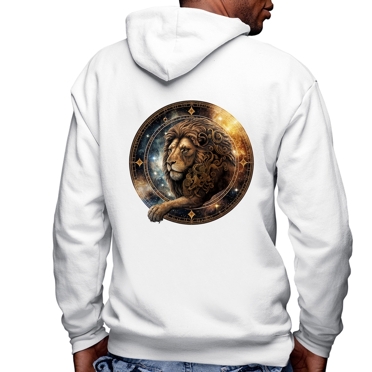 Blusa Moletom Leão Sígno Masculina com Capuz e Zíper - Branca