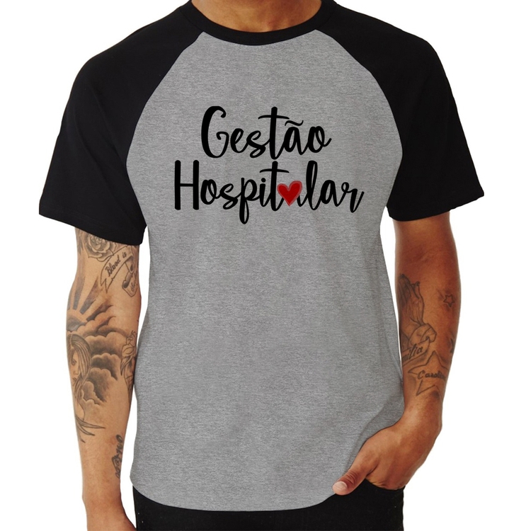 Camiseta Raglan Gestão hospitalar por amor - Cinza/Preto