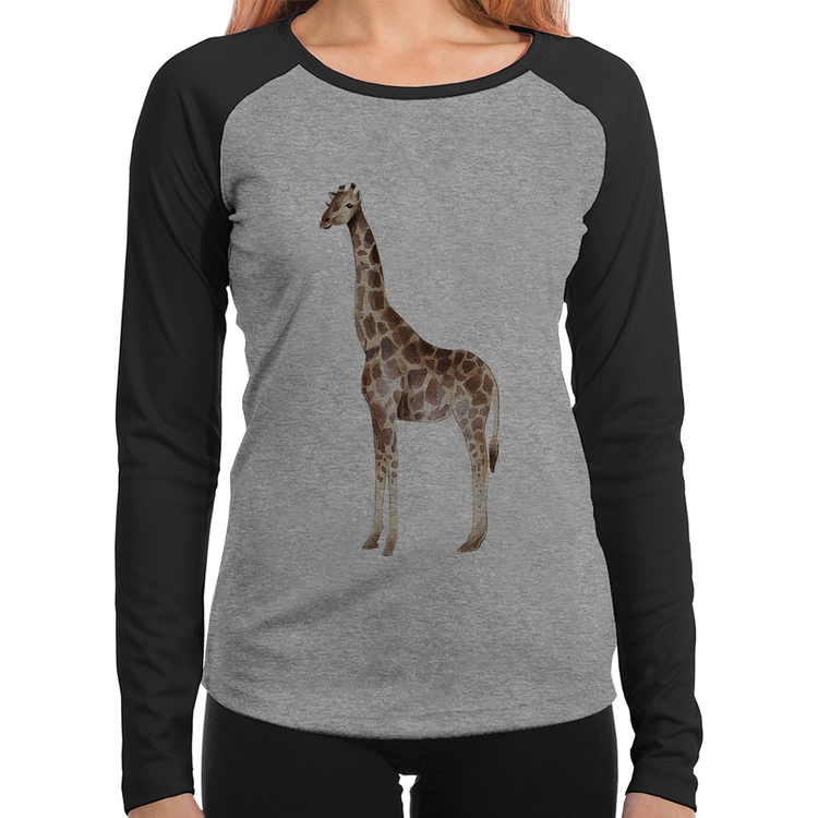 Baby Look Raglan Girafa Manga Longa - Cinza/Preto
