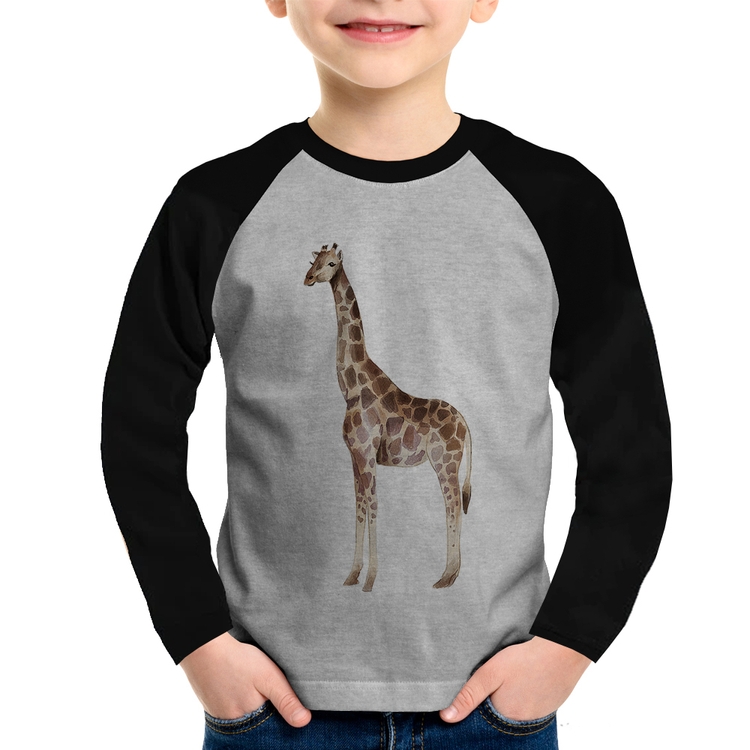 Camiseta Raglan Infantil Girafa Manga Longa - Cinza/Preto