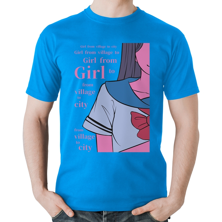 Camiseta Algodão Girl From Village To City - Azul