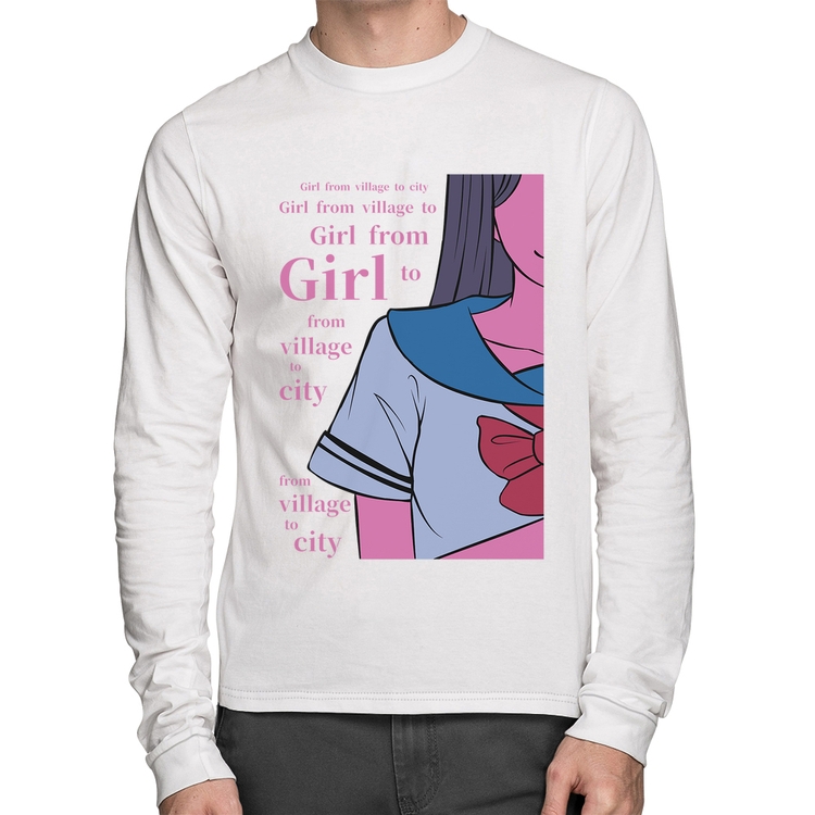Camiseta Algodão Girl From Village To City Manga Longa - Branca