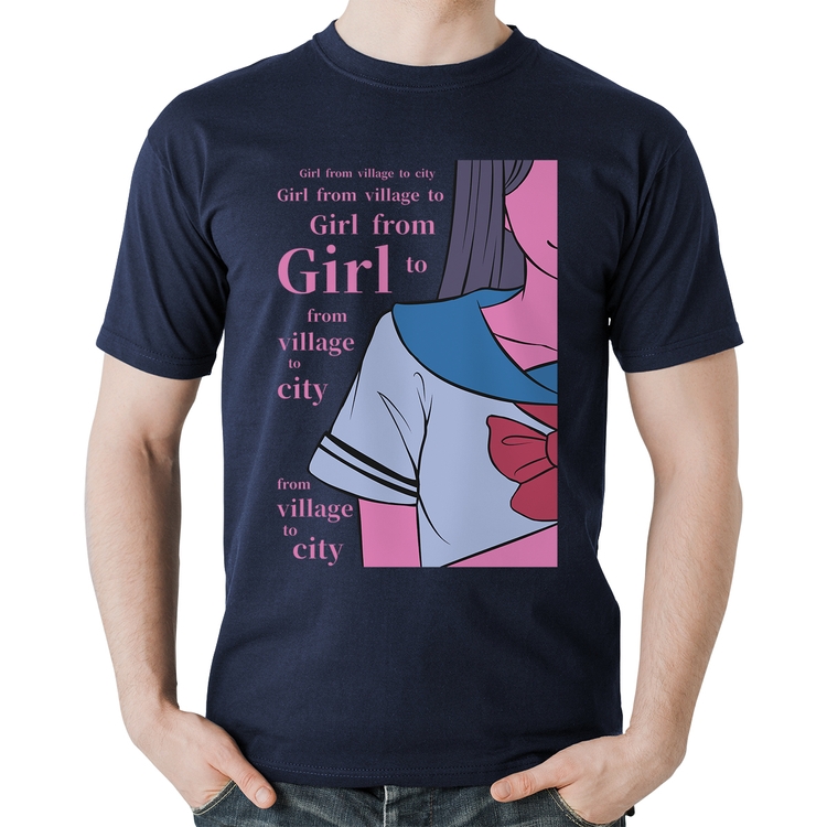 Camiseta Algodão Girl From Village To City - Marinho