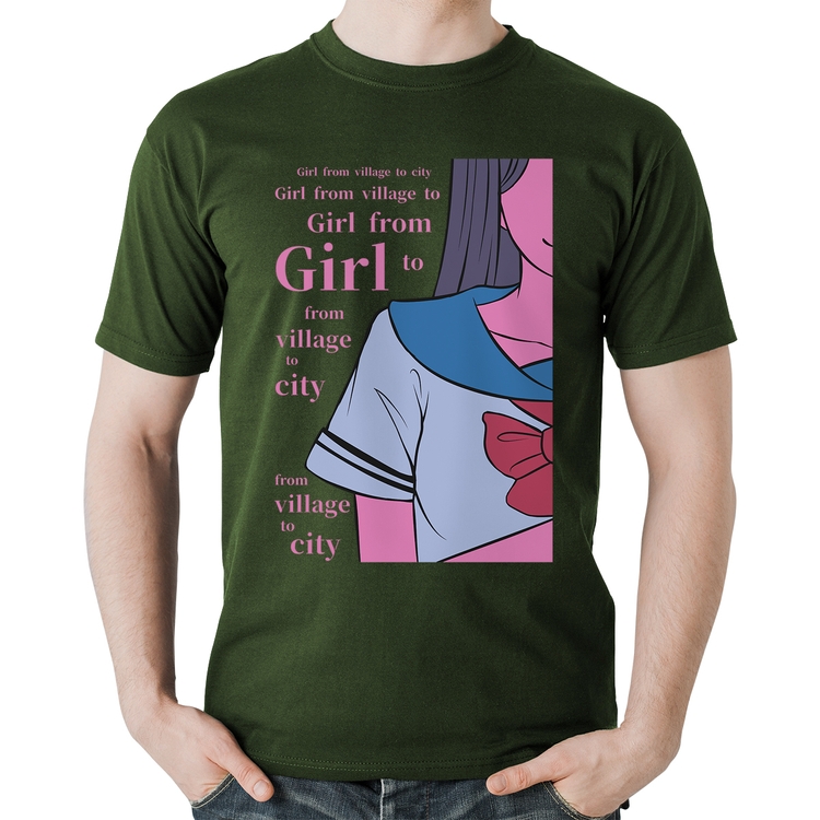 Camiseta Algodão Girl From Village To City - Musgo