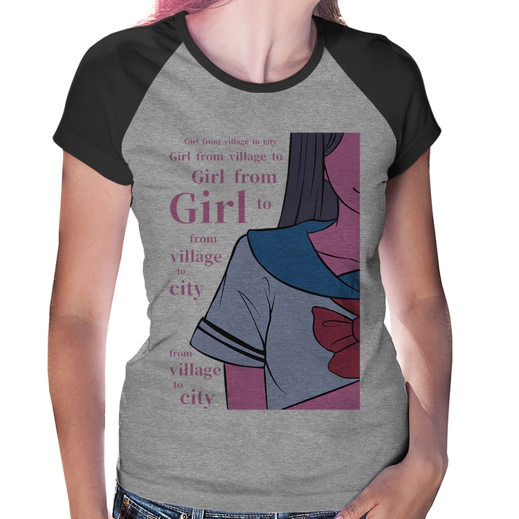 Baby Look Raglan Girl From Village To City - Cinza/Preto