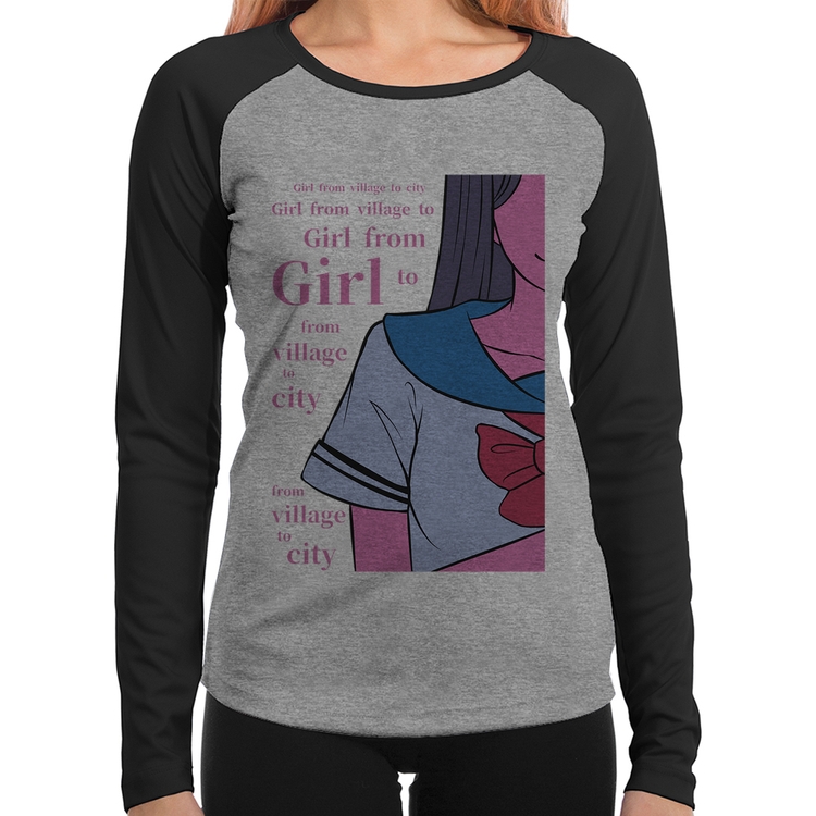 Baby Look Raglan Girl From Village To City Manga Longa - Cinza/Preto