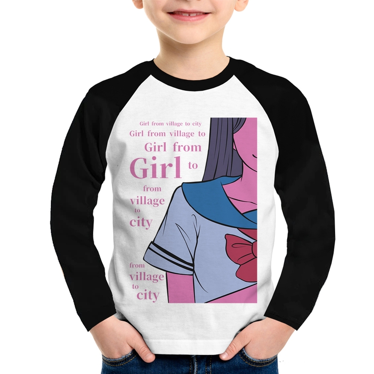 Camiseta Raglan Infantil Girl From Village To City Manga Longa