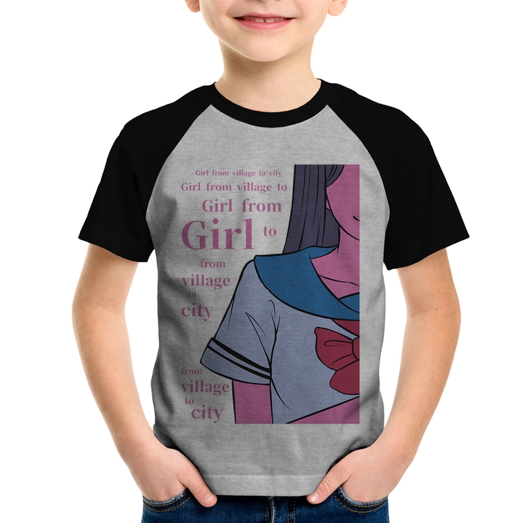 Camiseta Raglan Infantil Girl From Village To City - Cinza/Preto