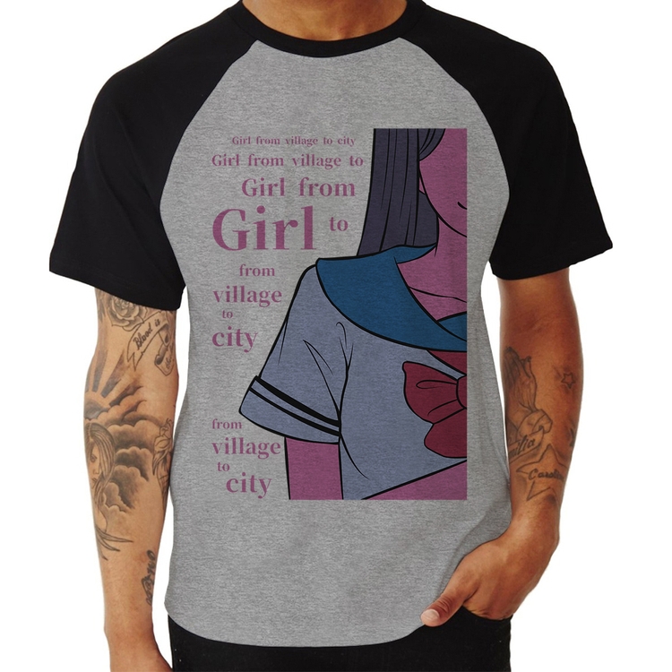 Camiseta Raglan Girl From Village To City - Cinza/Preto