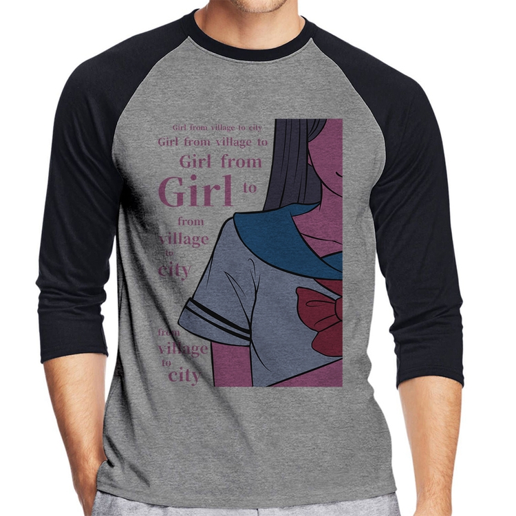 Camiseta Raglan Girl From Village To City Manga 3/4 - Cinza/Preto