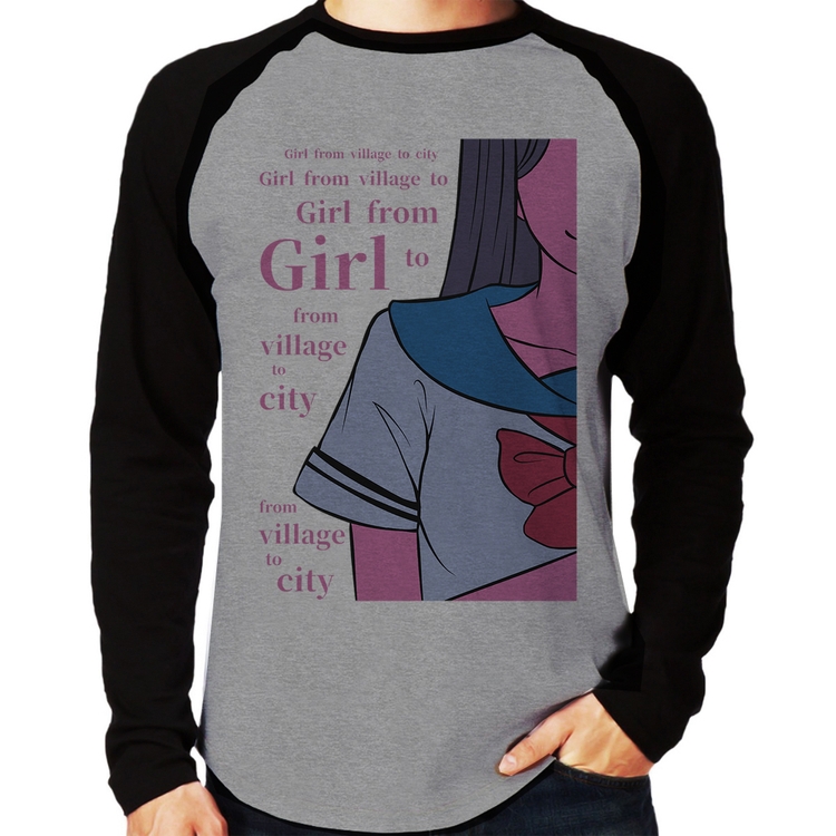 Camiseta Raglan Girl From Village To City Manga Longa - Cinza/Preto