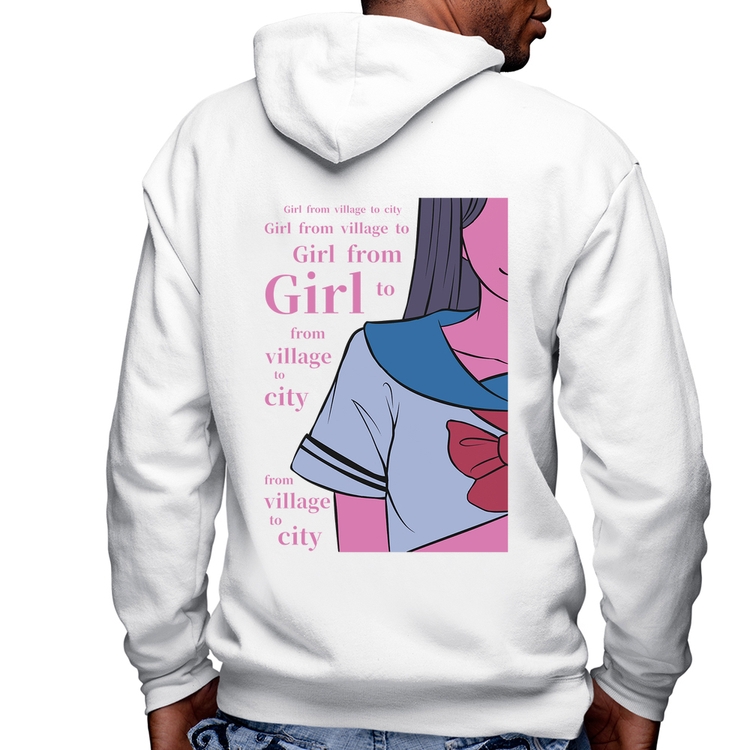 Blusa Moletom Girl From Village To City Masculina com Capuz e Zíper - Branca