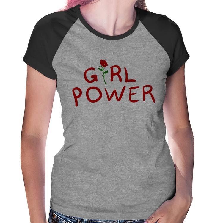 Baby Look Raglan Girl Power - Cinza/Preto