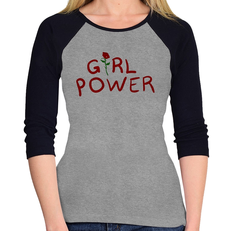 Baby Look Raglan Girl Power Manga 3/4 - Cinza/Preto