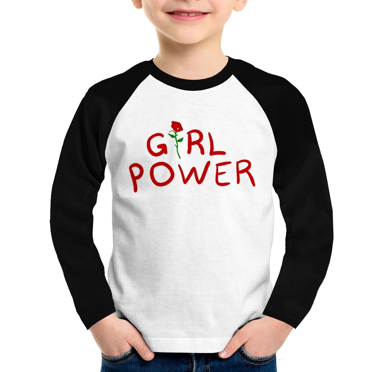 Camiseta Raglan Infantil Girl Power Manga Longa