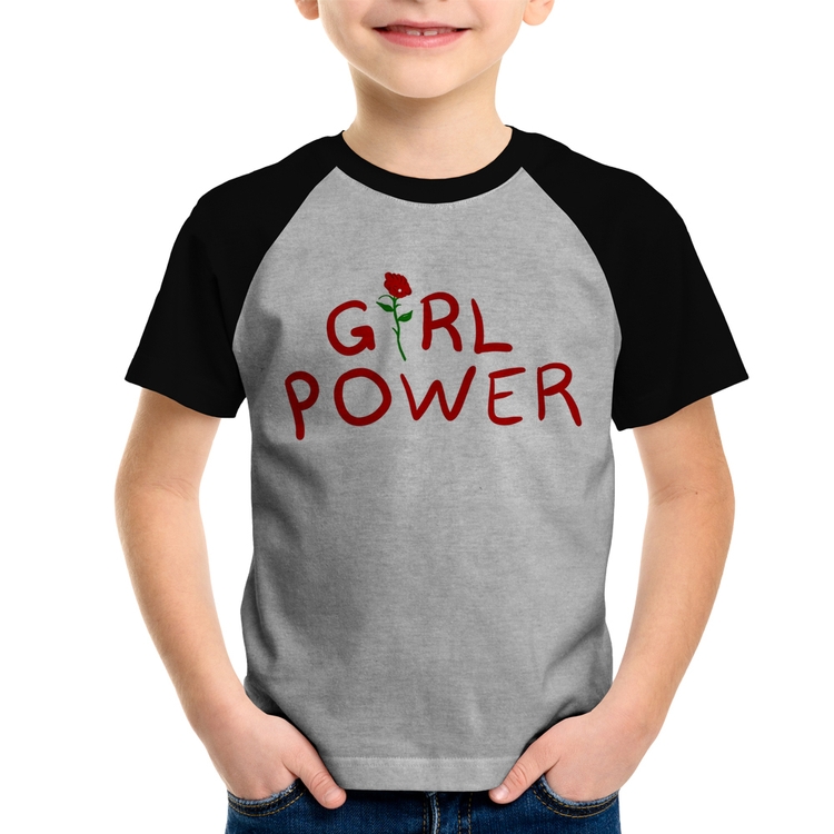 Camiseta Raglan Infantil Girl Power - Cinza/Preto