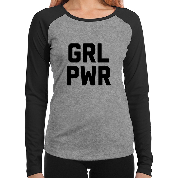 Baby Look Raglan Grl Pwr - Girl Power Manga Longa - Cinza/Preto