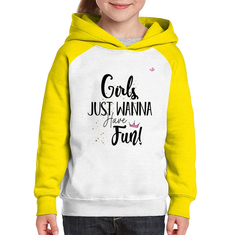 Moletom Infantil Girls just wanna have fun! - Branco/Amarelo
