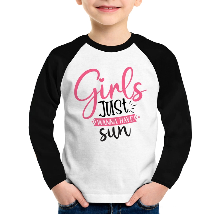 Camiseta Raglan Infantil Girls Just Wanna Have Sun Manga Longa