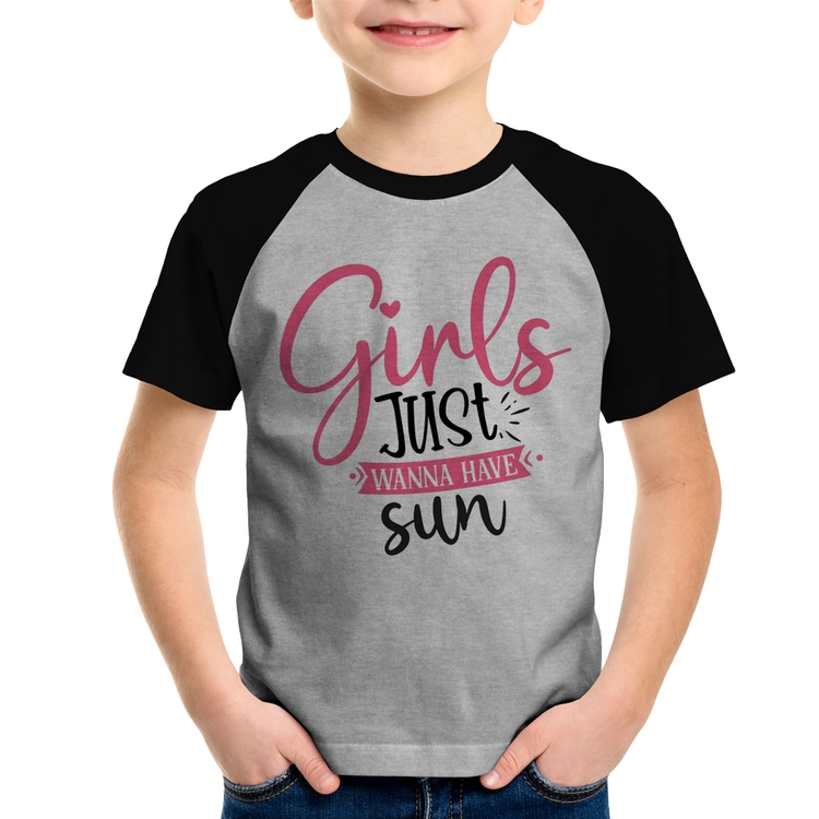 Camiseta Raglan Infantil Girls Just Wanna Have Sun - Cinza/Preto