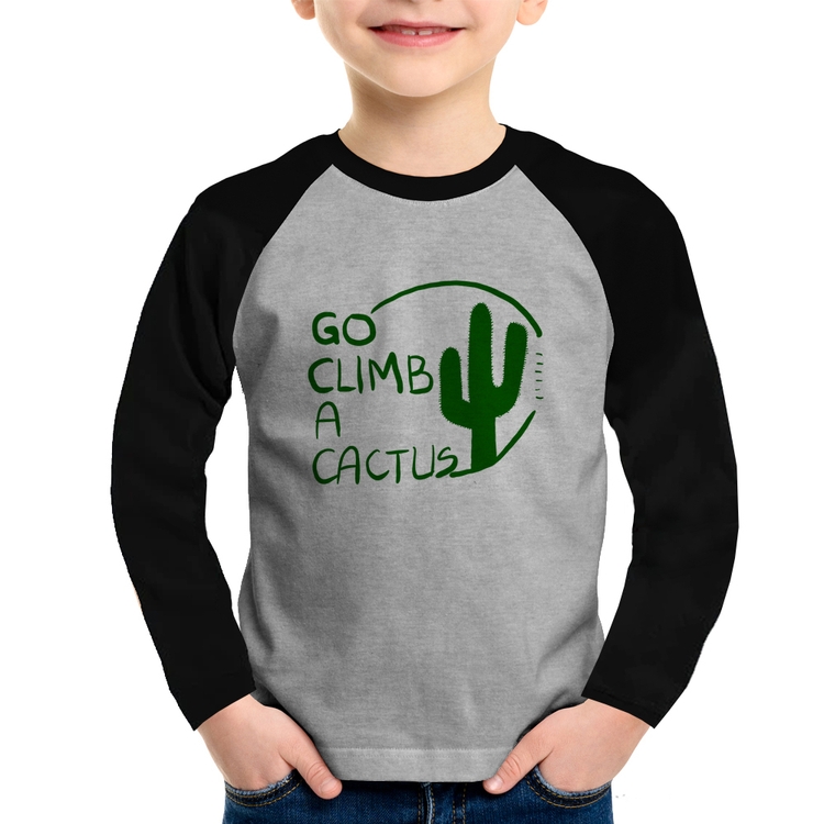 Camiseta Raglan Infantil Go climb a cactus Manga Longa - Cinza/Preto