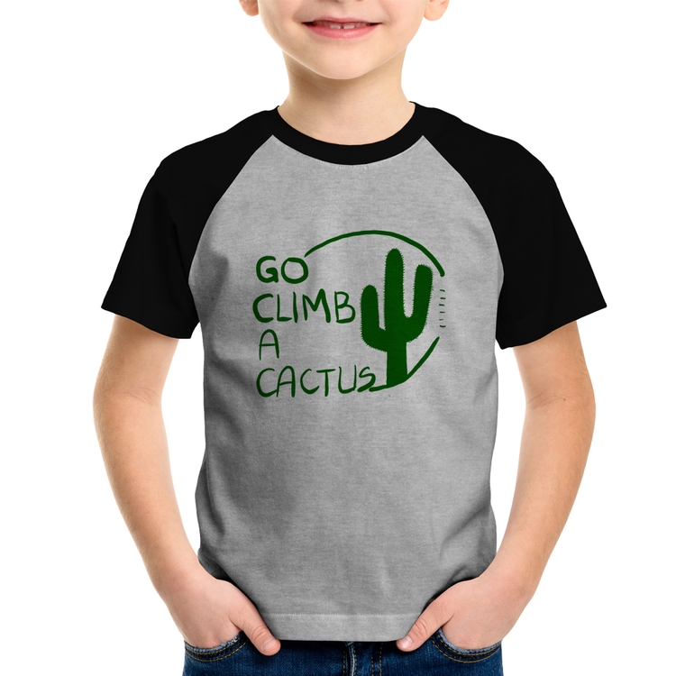 Camiseta Raglan Infantil Go climb a cactus - Cinza/Preto