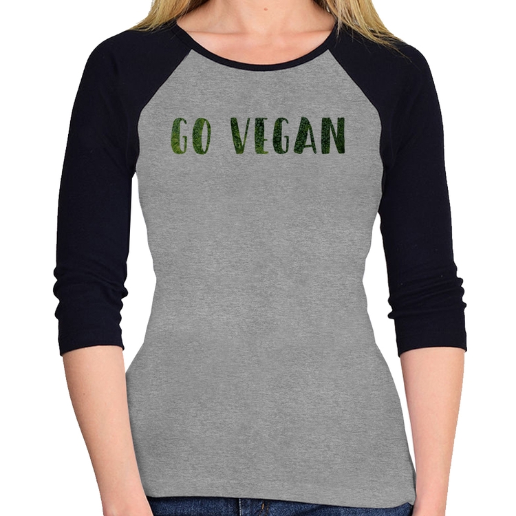 Baby Look Raglan Go Vegan Manga 3/4 - Cinza/Preto
