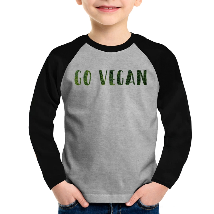 Camiseta Raglan Infantil Go Vegan Manga Longa - Cinza/Preto